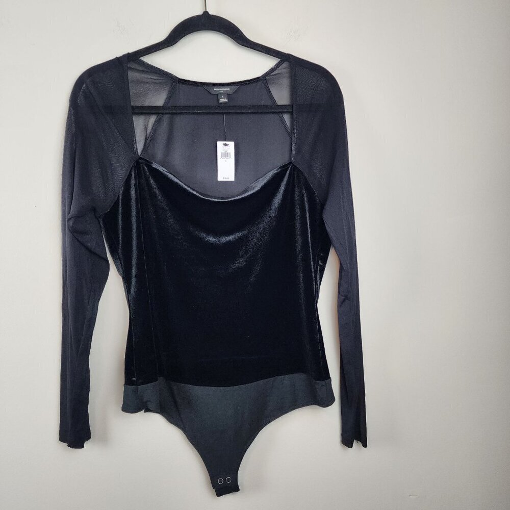 New Banana Republic sz L women  black velvet bodysuit sheer sleeves